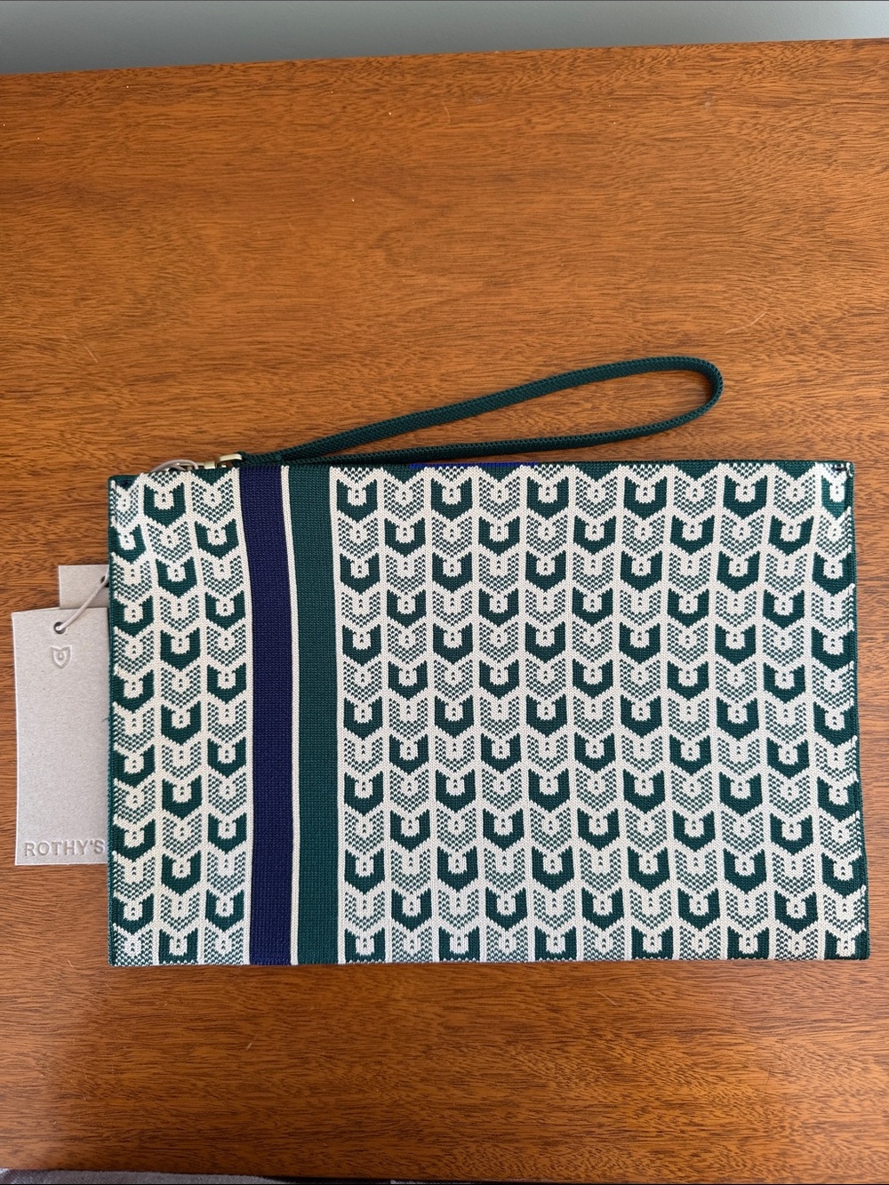 NWT Rothy's Green and Cream Patterned Zip Clutch with Navy Stripe